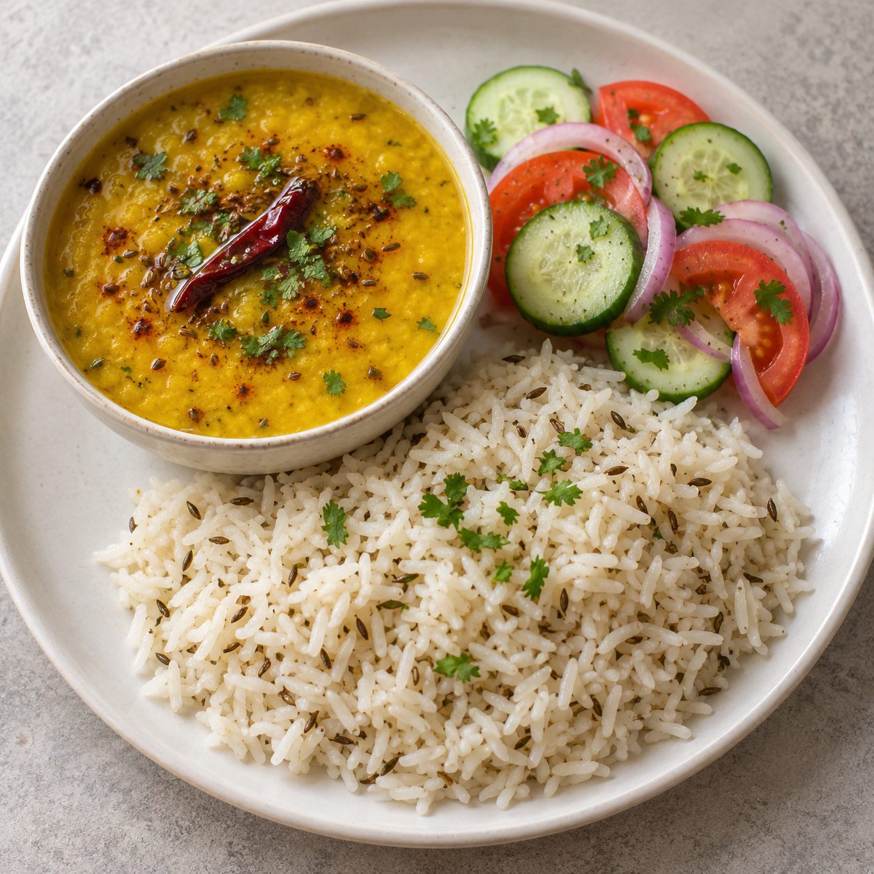 Dal Tadka + Jeera Rice + Salad