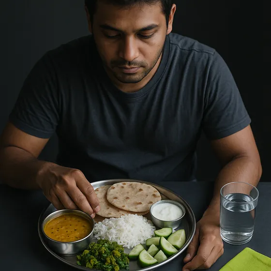 A home-cooked Indian thali: dal, rotis, rice, sabzi, cucumber and curd