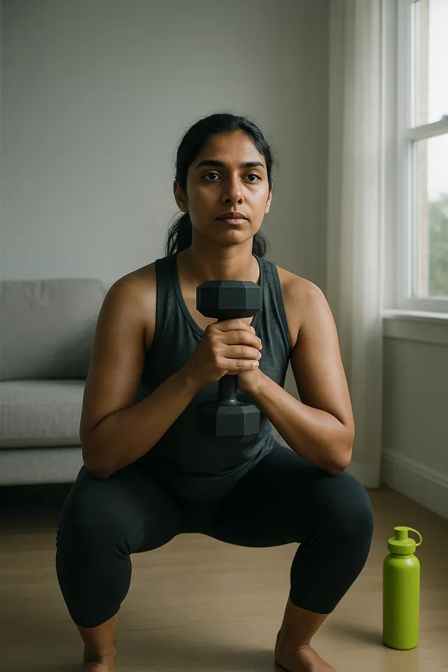 A woman doing a goblet squat with a dumbbell at home