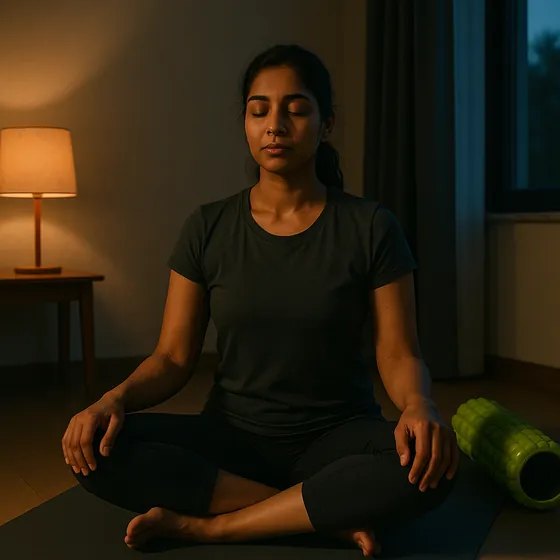 A woman sitting cross-legged on a mat at dusk, eyes closed, breathing slowly