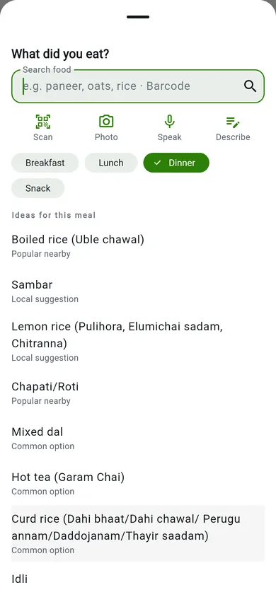 FitUber's food log: search or barcode, Scan, Photo, Speak and Describe, with dishes suggested from the local area