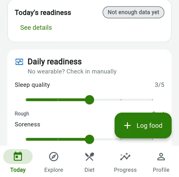 FitUber's readiness check-in: sleep quality and soreness on a five-point scale