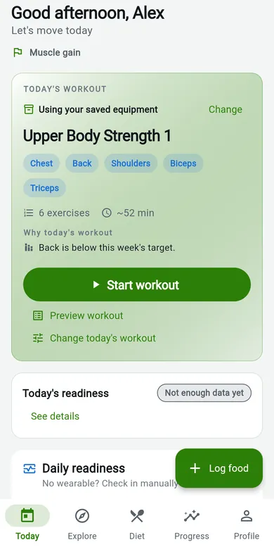 FitUber's Today screen: today's workout, Upper Body Strength, six exercises, about 52 minutes, and why it was chosen