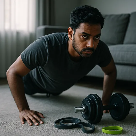 A man doing push-ups on a living-room floor beside a pair of dumbbells and a resistance band